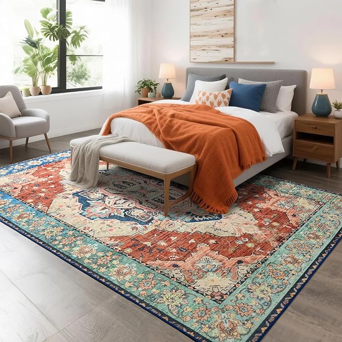 Area Rugs 5x7, Low Pile Washable Rugs, Soft Vintage Distressed Rugs for Bedroom, Living Room, Dining Room, Water Repellent, Non Shedding, Terracotta