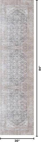 Kuden 2'6"x7' Runner Rug, Machine Washable Area Rug with Non-Slip Backing, Vintage Style, Soft, Easy Clean, Low Pile Rug for Hallway, Entryway, Kitchen, Bedroom