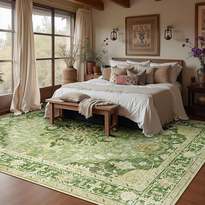 Area Rugs Square 8ft Washable Non-Slip, Floral Vintage Distress Print Pattern Medallion Carpet for Living Room Bedroom Dining Room, Sage Green Yellow