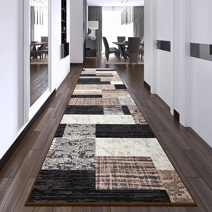 Indoor Runner Rug, Washable Runner Rug with Rubber Backing, Modern Geometric Patchwork Aesthetic Carpet for Bedroom, Living Room, Hallway, Entryway, Washable Rugs Rockwood Collection,2.7x8Ft Chocolate