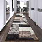 Indoor Runner Rug, Washable Runner Rug with Rubber Backing, Modern Geometric Patchwork Aesthetic Carpet for Bedroom, Living Room, Hallway, Entryway, Washable Rugs Rockwood Collection,2.7x8Ft Chocolate