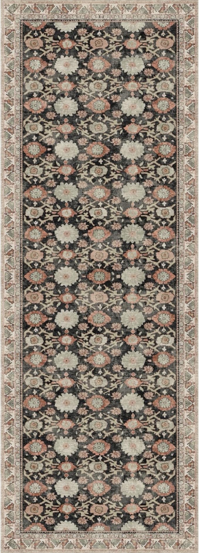 Kuden 2'6"x10 Runner Rug, Machine Washable Area Rug with Non-Slip Backing, Vintage Style, Soft, Easy Clean, Low Pile Rug for Hallway, Entryway, Kitchen, Bedroom