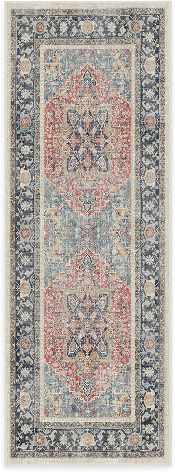 RUGGABLE Washable Vintage Runner Rug – Kamran Cayenne Red 2.5x7, Stain-Resistant, Non-Slip Hallway Runner – Machine Washable Rug for Hallway, Entryway, Living Room & Kitchen–with Standard Pad