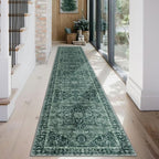 KOZYFLY Runners for Hallways 2x12 Ft Extra Long Washable Kitchen Runner Rug Boho Entryway Rug for Hallways Indoor Printed Faux Wool Stair Runner Carpet for Stairs Kitchen Hall, Dark Green