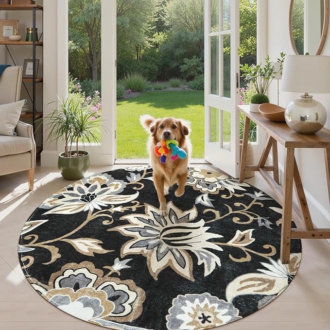 Lahome Floral Black Round Area Rug - 5Ft Washable Ultra-Thin Soft Bedroom Rug, Non-Slip Stain Resistant Circle Carpet for Living Room, Office, Dining Room, Paisley Print Accent Carpet