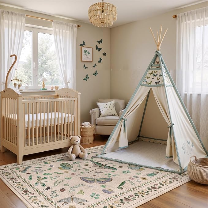 7x9 Low Pile Machine Washable Bug Rug - Indoor Non-Slip Insect Print Rug for Entryway, Living Room, Bedroom, Kitchen, Front Door, Laundry (7'x9' Beige Green)