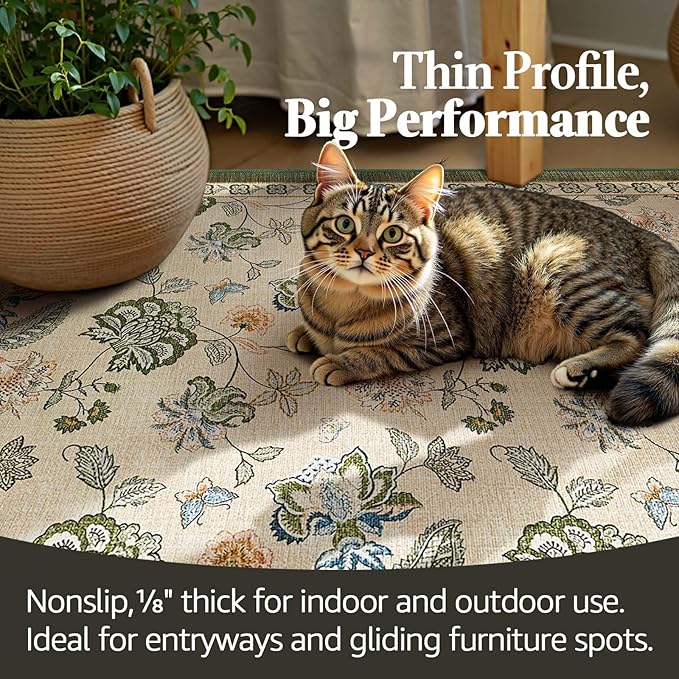 jinchan Elora 3x8 Floral Runner Rug for Hallway Washable Kitchen Runner Vintage Romance Design Non Slip Thin Indoor Floor Cover Low-Profile Throw Carpet for Entryway Bathroom Bedroom, Green/Beige
