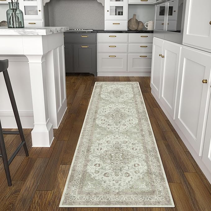 vivorug Sage Green Runner Rug 2x10 Machine Washable Rug with Non-Slip Backing, Ideal for Kitchen Hallway Entryway Laundry Room - Vintage, Durable, Easy Clean, Low Pile Carpet Runner