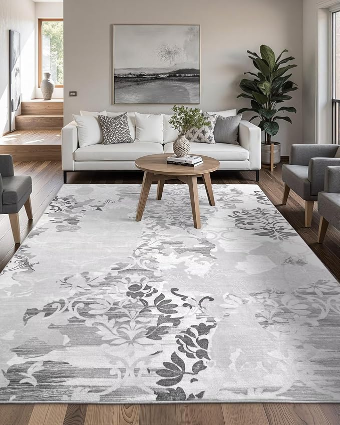 Washable Abstract Rug, 5x7 Classic Grey and White Floral Area Rugs with Non-Slip Rubber Backed for Bedroom, Low Pile Modern Throw Carpet Kitchen Living Room Decor