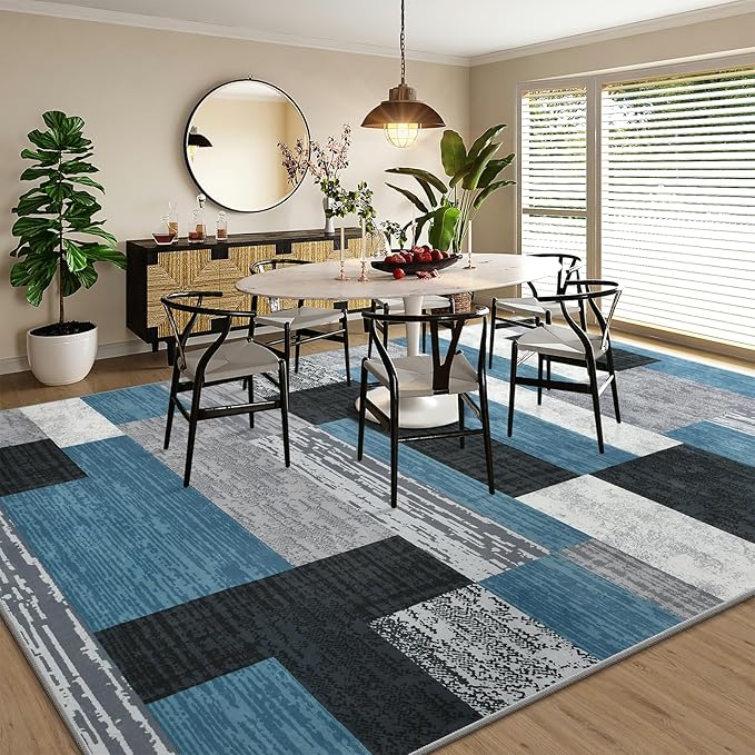 Large Area Rugs,Modern Geometric Patchwork Floor Decor for Bedroom Aesthetic Carpet, Rockwood Collection, Indoor Rugs for Living Room, Dining Room, Nursery, Office, Machine Washable Rug,9x12 Ft Blue