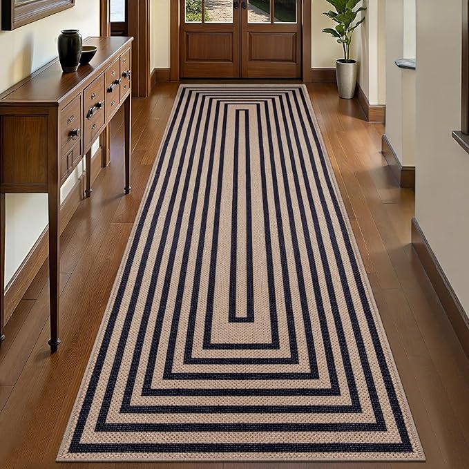 Tangsoo Easy Jute Rug 2.6x8 Washable Runner Rug for Hallways,Non-Slip Black Geometric Thin Indoor Outdoor Rug,Modern Farmhouse Carpet Runner for Kitchen Laundry Bedroom Entryway Porch