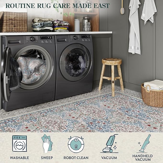 Lahome Floral Washable Rugs for Entryway, 2x3 Kitchen Rugs Non Slip Boho Soft Door Mat Indoor Entrance, Ultra-Thin Easy Clean Forest Design Small Throw Carpet for Bedroom Bathroom, Beige/Blue