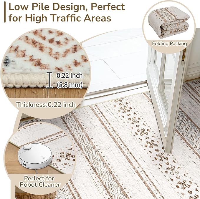 BESTSWEETIE 9x12 Area Rugs for Living Room Washable Moroccan Farmhouse Neutral Geometric Low Pile Non-Slip Soft Print Pattern Rug for Bedroom Kitchen Dining Room Entryway Cream/Brown/Pink