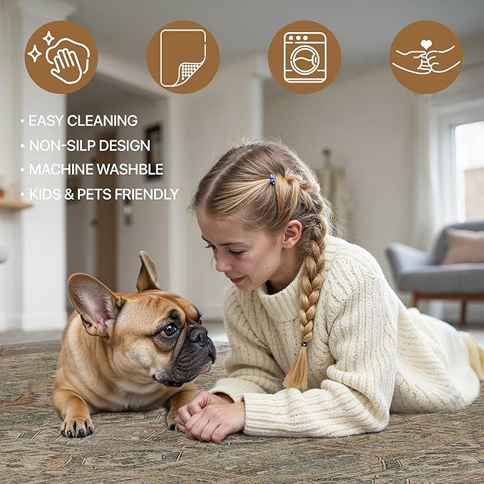 Bavni Kitchen Rug 2x8 Runner Rugs for Hallways Entryway, Washable Vintage Print Carpet, Ultra-Thin Chenille Low Pile Lightweight Rug with Non Slip Backing, Warm Taupe
