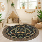 Washable Black 6ft Round Area Rugs for Bedroom Beside Bed - Dark Unique Insect Print Circle Rug for Living Room, Dining Room, Vintage Nature Insect Design, Low Pile & Soft