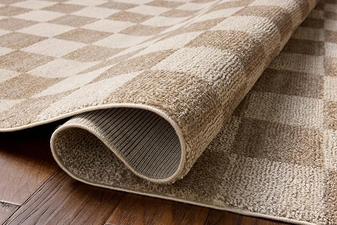 Loloi Chris Loves Julia Calvin Collection CLV-01 Pebble/Ivory 7'-10" x 10' Area Rug Checkered Neutral Soft Living Room Bedroom Carpet