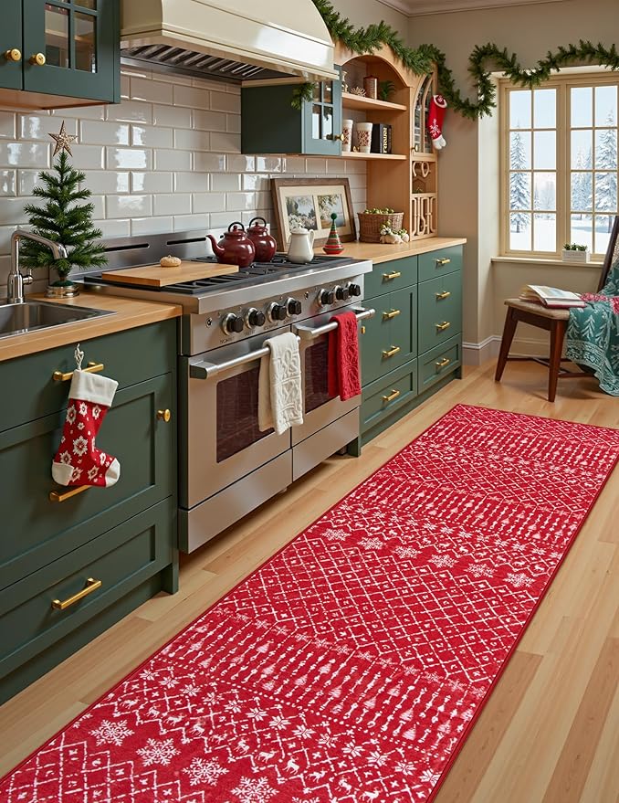 Lahome Christmas Runner Rug 2x8 for Hallway Red Non Slip Washable Runners for Kitchen Low Pile Carpet Moroccan Snowflake Throw Rug for Kitchen Entryway Laundry Narrow Space Xmas Holiday Decor