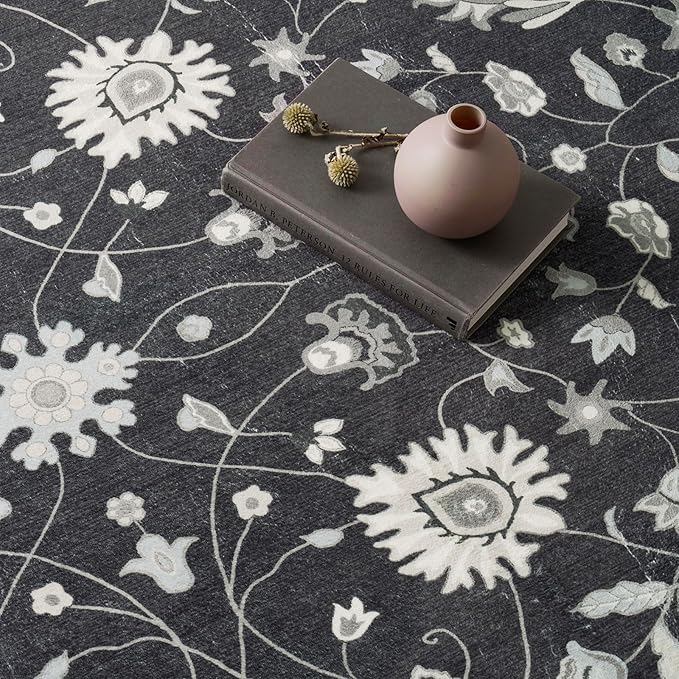 EVERGRACE Area Rugs for Living Room 5x7, Boho Floral Faux Wool Indoor Outdoor Rugs, Washable Rugs for Bedroom Dining Room Entryway Kitchen, Low Pile Floor Mat Carpet for Home Decor, Ebony Black