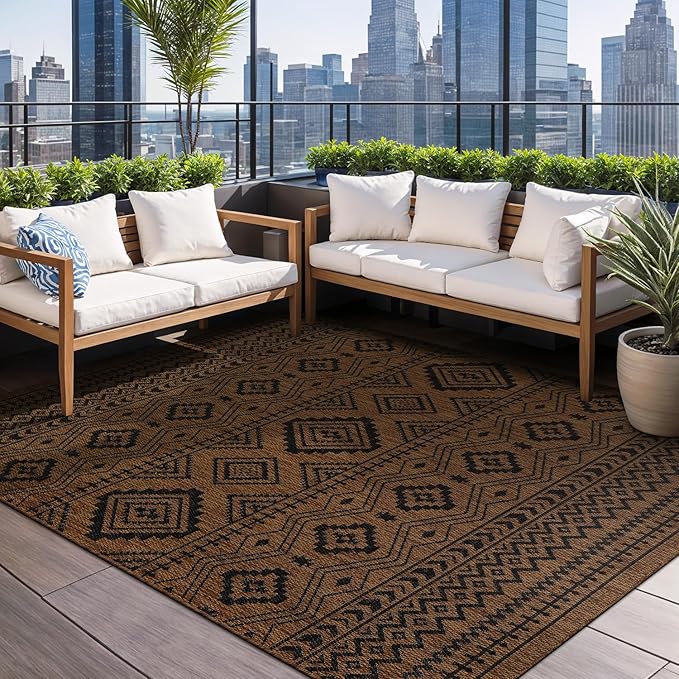 Beverly Rug Waikiki Boho Indoor Outdoor Rug 9x12, Washable Outside Carpet for Patio, Deck, Porch, Bohemian Area Rug, Farmhouse Rugs, Aztec Tribal Rug, Nut Brown and Black