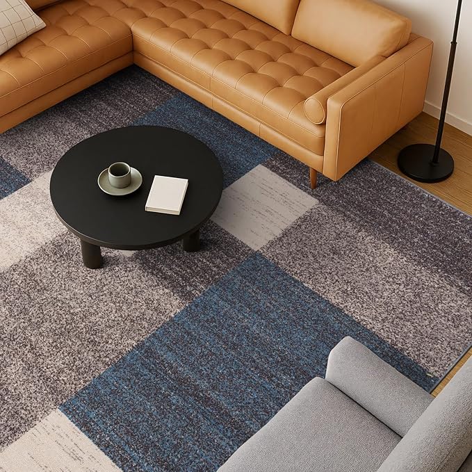 Rugshop Modern Boxes Design Non-Slip (Non-Skid) Area Rug for Entryway,Kitchen,Bedroom 4' x 6' Blue