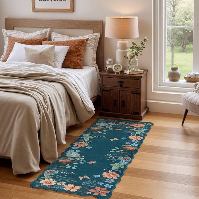 Lahome Floral Rugs for Entryway, 2x4 Washable Kitchen Rugs Ultra-Thin, Non Slip Indoor Door Mat Stain Resistant Boho Small Low-Pile Throw Carpet for Bathroom Bedroom(2x4ft,Navy Blue)