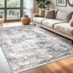 Modern Abstract 6x9 Living Room Washable Rug Non-Slip Soft Bedroom Area Rug Beige Grey Neutral Thin Print Faux Wool Floor Carpet Throw Rugs for Nursery Playroom Dining Room Indoor Office