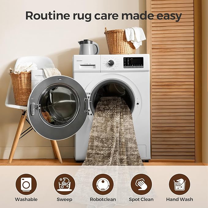 WITSHOCK 9x12 Area Rugs for Living Room: Machine Washable Non Slip Modern Abstract Carpet - Low Pile Print Rug for Bedroom Dining Room - Stain Resistant for Household - Pet Owners (Earthy Brown)