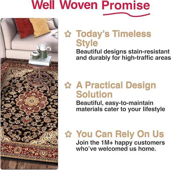 Well Woven Barclay Collection Medallion Kashan Black 6x9 Area Rug - for Living Room, Bedroom, and Dining Room