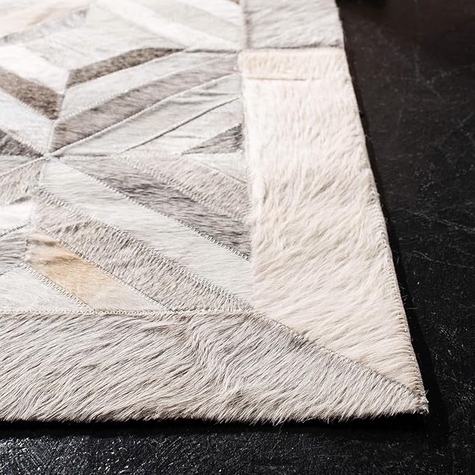 Premium Diamond Pattern Leather Area Rug, Geometric Cowhide Patchwork Carpet - 8X10 ft, Luxury Beige and Grey Non-Slip Floor Accent for Dining Room, Living Room, Hallway