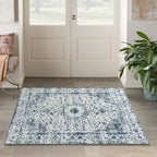 Easy-Going Area Rug 4x6 Washable Boho Rugs for Living Room Non-Slip Bedroom Rug Low Pile Lightweight Floral Print Vintage Throw Rug for Dining Room Kitchen Home Office Carpet, Blue Cream
