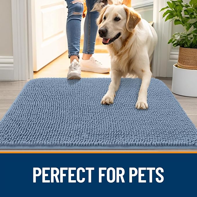OLANLY Dog Door Mat for Muddy Paws 59x32, Absorbs Moisture and Dirt, Absorbent Non-Slip Washable Doormat, Quick Dry Chenille Mud Mat for Dogs, Entry Indoor Entryway Carpet for Inside Floor, Airy Blue