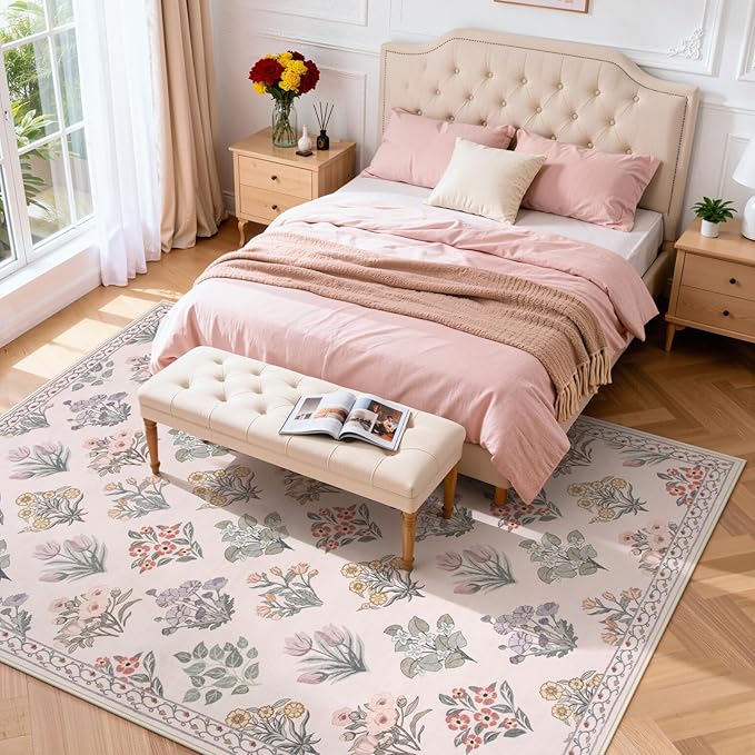 Wonnitar 8x10 Washable Rug, Pink Rugs for Girls Bedroom Decor, Boho Ultra-Thin Non Slip Soft Moroccan Floral Large Carpet for Living Room Baby Nursery Kids Playroom, Pale Pink