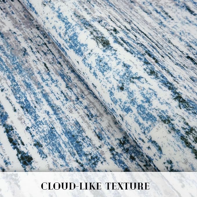 Modern Abstract 6x9 Machine Washable Living Room Rug Non-Slip Soft Bedroom Area Rug Grey Blue White Thin Print Faux Wool Floor Carpet Throw Rugs for Nursery Playroom Dining Room Indoor
