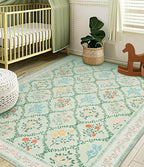 YIHOUSE 8x10 Washable Rug for Living Room, Green Floral Rugs for Bedroom Boho Area Rug Non Slip Ultra-Thin Large Rug for Kids Playroom, Classroom, Girls Dorm, Nursery, Green Multi