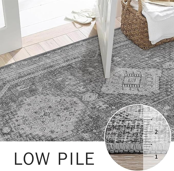 Bavni Runner Rug 2x5 Kitchen Rugs for Hallways Entryway, Washable Vintage Print Carpet, Low Pile Lightweight Rug with Non Slip Backing, Vintage Grey