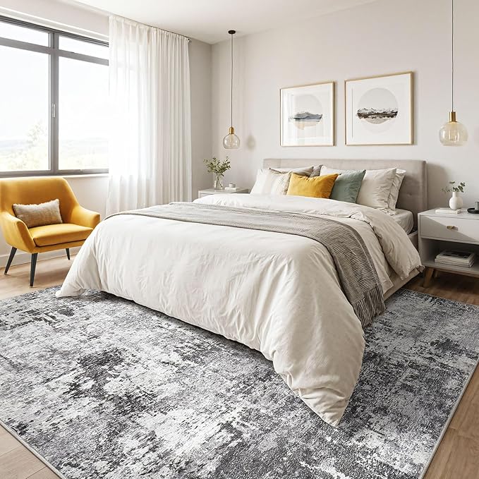 8x10 Area Rugs Living Room: Washable Large Abstract Modern Soft Rug Stain Resistant Indoor Floor Non Slip Accent Carpet for Bedroom Nursery Playroom Office Dining Room Dorm Home House- Black Grey