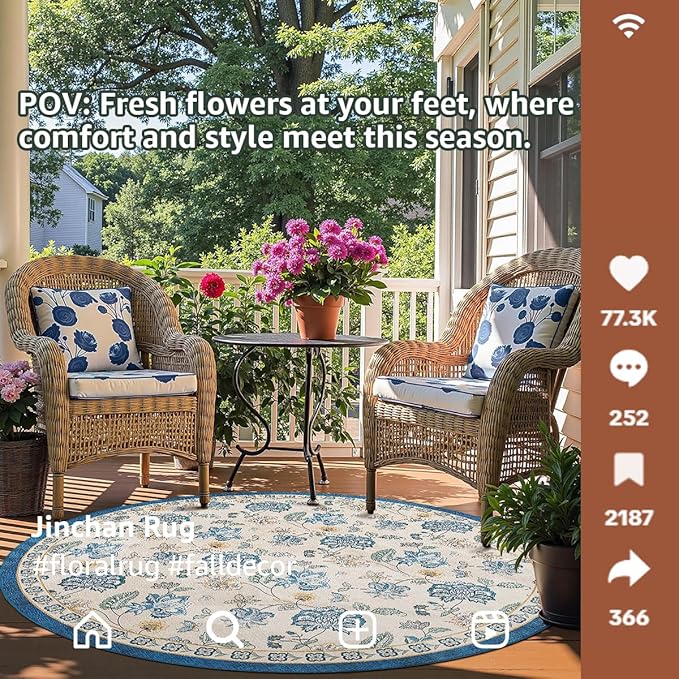 jinchan Elora 8ft Floral Round Rug for Dining Room Washable Living Room Rug Vintage Romance Design Non Slip Indoor Floor Cover Lightweight Low-Profile Throw Carpet for Bedroom Porch Patio, Blue/Beige