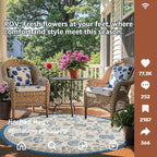 jinchan Elora 5ft Floral Round Rug for Entryway Washable Kitchen Rug Vintage Romance Design Non Slip Indoor Doormat Lightweight Low-Profile Throw Carpet for Living Room Dining Room Bedroom, Blue/Beige
