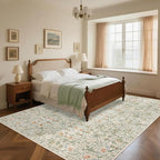 Washable Living Room Rug: 9x12 Boho Floral Soft Area Rug for Bedroom Decor - Vintage Low Pile Thin Carpet for Dining Room Non-Slip - Farmhouse Stain Resistant Rugs - Beige Green