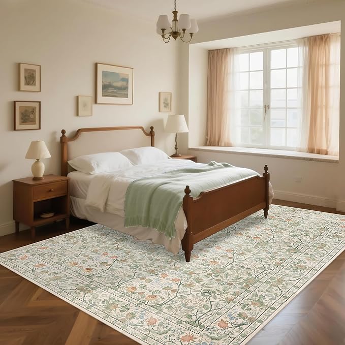 Washable Living Room Rug: 8x10 Boho Floral Soft Area Rug for Bedroom Decor - Vintage Low Pile Thin Carpet for Dining Room Non-Slip - Farmhouse Stain Resistant Rugs - Beige Green