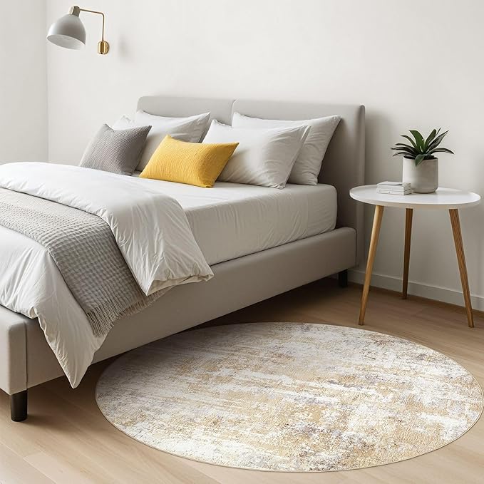 Round Rug Living Room Rugs: 7Ft Washable Circle Large Abstract Modern Soft Stain Resistant Non Slip Indoor Floor Carpet for Bedroom Nursery Office Dining Room Dorm Home House Decor- Gray Gold