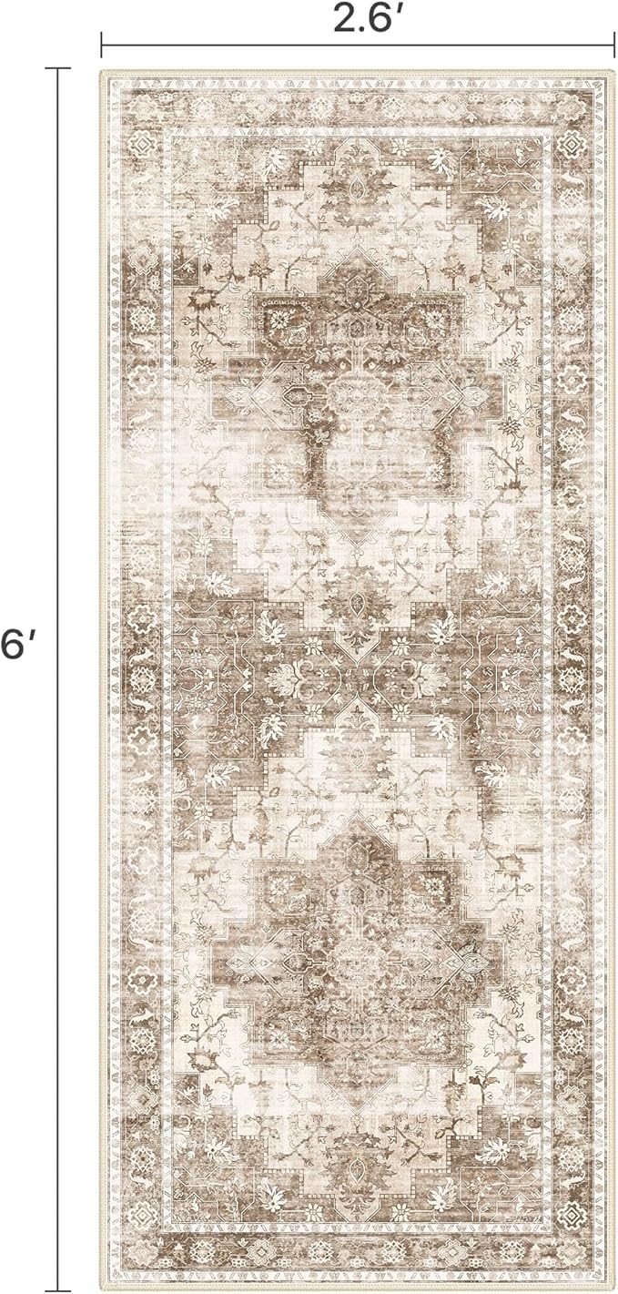 Runner Rug 2'6''x6 Non Slip Machine Washable Vintage Hallway Runner Rug, Low PileLight Weight Rugs for Entryway, Hallway, Kitchen and Corridor, Latte Beige