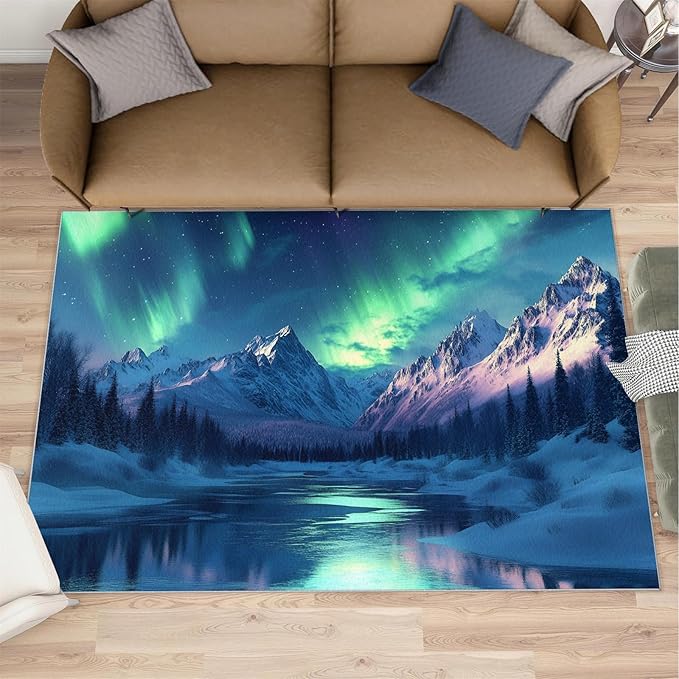 6x8 Snowy Mountains Classroom Rugs - Aurora Borealis Playroom Rug, Polar Landscape Carpet Area Rug for Girls Bedroom Kids Room Basement Office Classroom