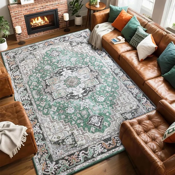 Large Area Rugs 6x9 , Washable Vintage Rugs -Low Pile, Soft Plush Rugs for Bedroom, Kitchen, Dining Room, Stain Resistance, Non Shedding & Kid & Pet Friendly, Green