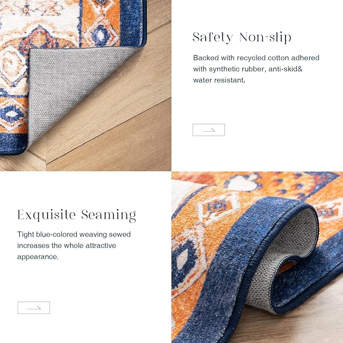 Phantoscope Washable Runner Rug 2'x10' Non-Slip, Vintage Boho Hallway Rugs for Entryway, Stair, Bedroom, Dining Room, Distressed Persian Market Pattern, Low-Pile Foldable Floor Carpet, Navy/Orange