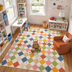 jinchan Macy Area Rug 8x10 Kids Washable Rug Indoor Floor Cover Non Slip Modern Soft Rug Playroom Diamond Carpet for Elementary School Classroom Nursery Daycare Living Room Bedroom Circus on Cream
