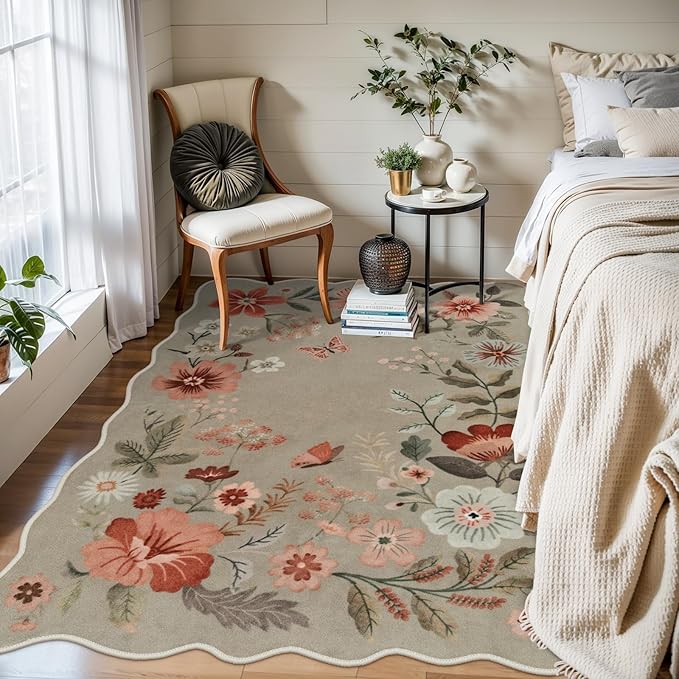 Lahome Floral Washable Rugs for Bedroom, 4X6 Area Rug Ultra-Thin Soft Living Room Rug, Non-Slip Classroom Stain Resistant Lightweight Boho Low-Pile Throw Carpet for ‎Office, Brown