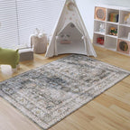 Rugcomf Area Rug 4x6 Rug Washable Boho Rugs Non Slip Low Pile Soft Floral Small Carpet for Bedroom, Bedside, Kids Room, Office, Dining Room(Grey)