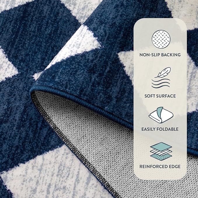 Lahome Checkered Washable Runner Rug,2x6 Rug Runners for Hallways Non Slip,Blue Kitchen Runner Rug,Moroccan Trellis Soft Low Pile Carpet Runners for Entryway Laundry Room Bathroom(2'x6',Blue)