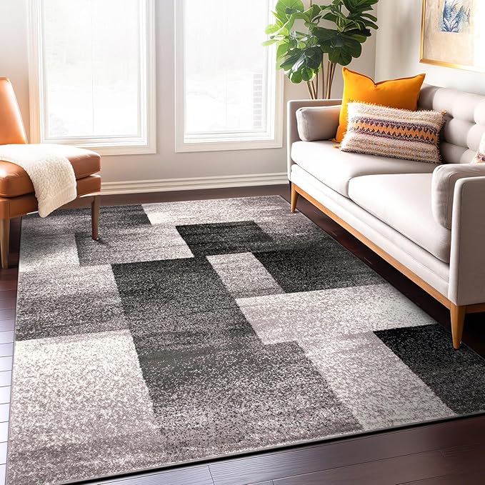 Rugshop Gray Modern Distressed Boxes Area Rug, Cozy Non-Shedding Pile for Living Room, Bedroom and Dining Area, 5' x 7'